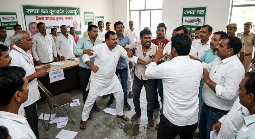 नवादा JDU चुनाव में हाई-वोल्टेज ड्रामा: गाली-गलौज और मारपीट के बीच जिला अध्यक्ष का चुनाव स्थगित, पूरी कमेटी भंग